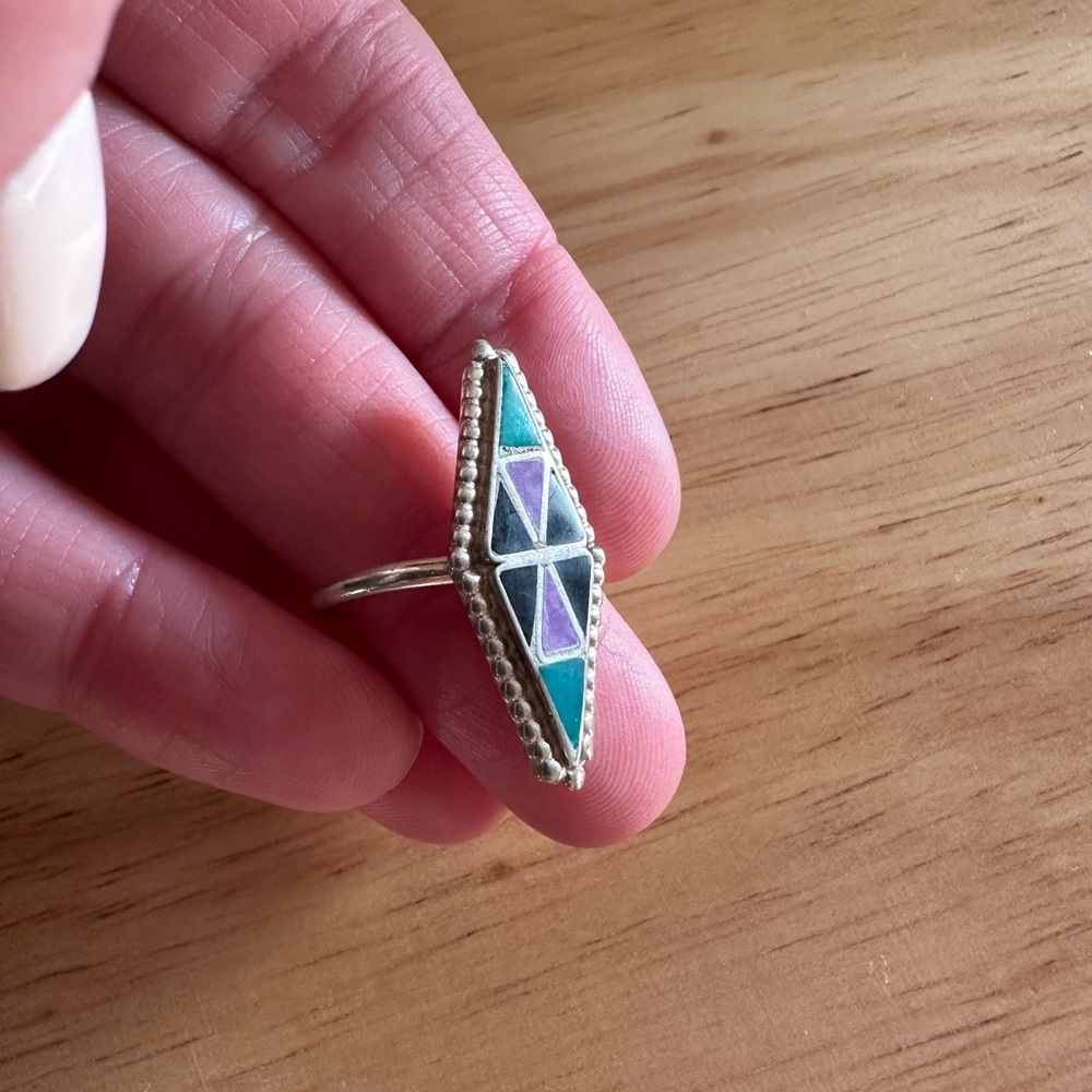 Geometric Silver Ring with Purple and Green inlay accents - Picture 11 of 14